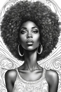 Create a coloring page of a beautiful black female looking up with a huge tight curly afro