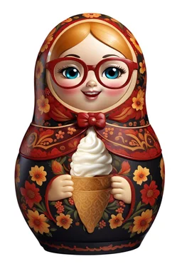 draw a Russian matryoshka doll in the style of Khokhloma, the matryoshka is smiling, the matryoshka has a icecream in her hands, a frontal angle, a picture on a white background, the matryoshka is drawn entirely, a highly detailed 3d picture