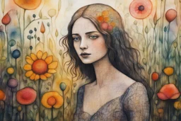 painted and burned burlap, beautiful woman in the flowergarden, styles of Paul Klee Dee Nickerson and Tim Burton, melting watercolor and black ink outlines on wet paper, soft, shading strokes, in sunshine, ethereal, otherwordly, cinematic postprocessing, bokeh, dof