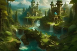 Craft a fantasy kingdom that is forged in the forest. Alongside this kingdom is seen a river that gently flows.