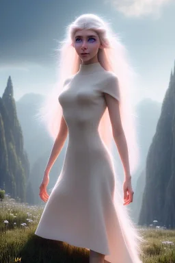 elven young woman, wearing light dress, happy expression, visible ultradetailed armonious cute femine face, visible and ultradetailed body, luminous weather, field in the mountains, ultra realistic, concept art, intricate details, highly detailed, photorealistic, octane render, 8 k, unreal engine, art by artgerm and greg rutkowski and charlie bowater and magali villeneuve and alphonse mucha