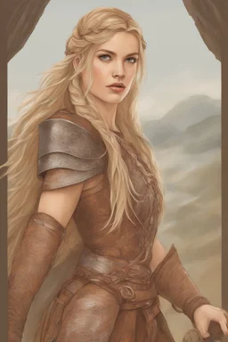 A drawing of beautiful woman with blond hair, viking braids Brown leather armor. Horse