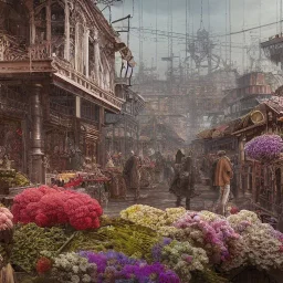 Insanely detailed photograph of an “artitcture plans of a city market at a shipyard” with intricate gears, intricate embroidered band, hyperdetailed painting by Ismail Inceoglu Huang Guangjian and Dan Witz CGSociety ZBrush Central fantasy art album cover art,8K, hdr, romantic, mysterious, ominous, flowers, jewelry, steam,oil,cafe,street vendors