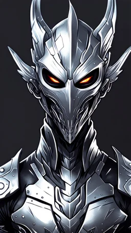 Logo silver skinned anime Dragman cyberpunk with dragon mask in his eyes (((full body)))