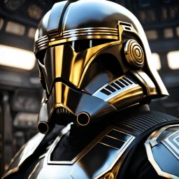 star wars bald male corellian pilot wearing pearlescent black and gunmetal grey First Order special forces heavy assault armor and helmet with gold trim inside the jedi temple, centered portrait, hyperdetailed, dynamic lighting, hyperdetailed background, 8k resolution, volumetric lighting, light skin, fully symmetric details