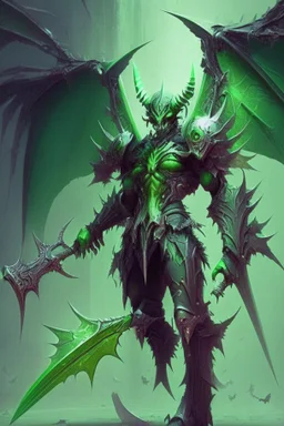 Demonio con armadura del futuro verde con alas de mosca y una enorme lanza