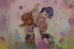 line art, watercolor wash, ( patchwork teddy bear sitting amongst flowers and balloons) brian froud style, carl larsson style, colourful palate, perfect composition, detailed background by daniel_merriamn summers day, studio photo, intricate details, highly detailed highly detailed elegant studio lighting intricate beautiful award winning crisp quality colourful very cute Daniel Merriam Daniel Gerhartz midjourney quality