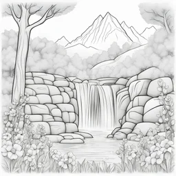 coloring page of A watterfall with flowers behind ,line art landscape,stone,cute flowers,cute trees, much details, dark outlines,vector --ar 2:3