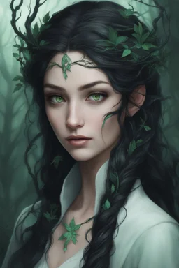 Young beautiful female Hexblood Warlock, long dark brown-black hair styled in elegant half-braids, glowing pale emerald-green eyes, delicate facial features. Thin twisted black thorn-like branches grow naturally from one side of her head, weaving seamlessly through her hair like an eerie crown, with tiny dark leaves and vine-like roots blending into her scalp. Faint dark vine markings trail along her neck and collarbone. Dark fantasy, realistic, cinematic, highly detailed.
