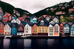 Colored pencil drawing, Very detailed, Realistic, Drawing of the colorfull houses in the city Bergen in Norway. Colorfull, professional, detailed, pencil strokes, calm composition, zoom out.