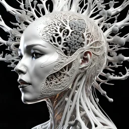 3D rendering of Expressively detailed and intricate of a hyperrealistic “white human vuscular”: glossy white, showing vuscular, side view, scientific, single object, black background, shamanism, octane render, 8k post-production, detailled metalic bones, dendritic, artstation: award-winning: professional portrait: atmospheric: commanding: fantastical: clarity: 16k: ultra quality: striking: brilliance: stunning colors: amazing depth