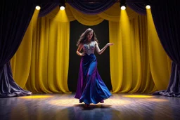 modern stage with gray-dark yellow blueish violet theme artistic decoration , color full dynamic lighting, a beautiful lady in maxi dress with shining silver jewels ,curvy long hair,dancing, 3D recursive fractal structure animating background