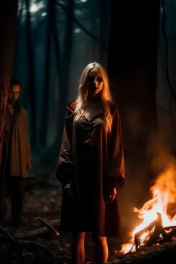 Blonde woman and a demon standing in the forest, night, fire