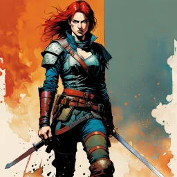 create an imaginative full body print illustration of an ethereal, otherworldly , female grandmaster Witcher with short cropped auburn hair in a tattered battle worn leather brigandine and boots , in the comic book art style of Bill Sienkiewicz, Mike Mignola, and Jean Giraud Moebius, with highly detailed feminine facial features , finely drawn, colored and inked,