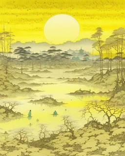A pale light yellow wasteland with acid pools painted by Utagawa Hiroshige