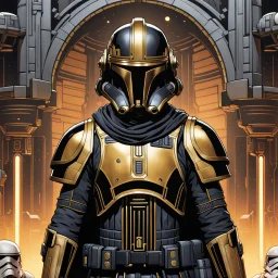 star wars bald male corellian pilot wearing pearlescent black and gunmetal grey First Order special forces heavy assault stealth commando armor and helmet with gold trim inside the jedi temple, hyperdetailed, dynamic lighting, hyperdetailed background, 8k resolution, volumetric lighting, light skin, fully symmetric details