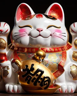 Prompt : Ultra-detailed photograph of a large, luxurious, multi-tiered Japanese maneki-neko (lucky beckoning cat) ceramic figurine, pure white base color with vivid red, gold, black and orange accents, very cheerful and smug expression, both eyes closed in deep bliss, pink blush on cheeks, classic red collar with large golden bell, main large cat has golden Chinese characters on arms: "金運来福" and "千客萬來”, red and gold patterned bib, on the belly area a golden tray filled with many smaller mane