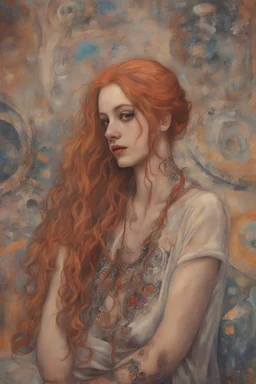 hippie girl Ginger hair Alexandra "Sasha" render eye candy Suicide Squad Harley Quinn psychology oil paiting In depth psychology display Gustav Klimt style New York City detailed render eye candy breathtaking