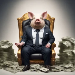 rich pig in suit on a throne making stacks of money by making a deal with a buisnessman