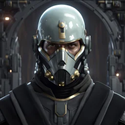 star wars bald male corellian pilot wearing pearlescent black and gunmetal grey First Order special forces heavy assault stealth commando armor and helmet with gold trim inside the jedi temple, hyperdetailed, dynamic lighting, hyperdetailed background, 8k resolution, volumetric lighting, light skin, fully symmetric details