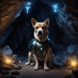 Hyper Realistic dog wearing armour guarding big black crystals with fireflies in a cave at night