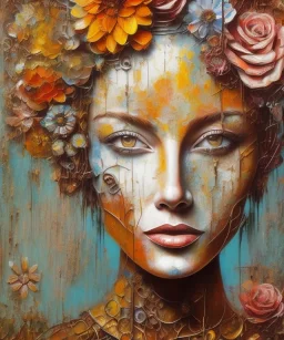  an abstract painting of rusted metal and flowers, african portrait, rust, scaffolding, iron cladding, decay, mixed media, textured, anatomically correct, beautiful perfect face, sharp focus, highly detailed