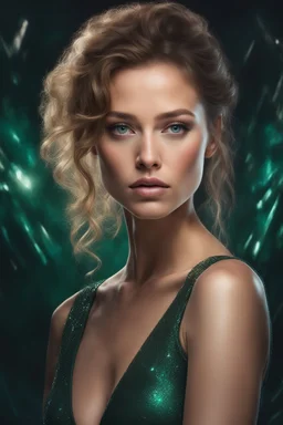 Outlander - head and shoulders portrait, Photorealistic, hyperrealism, Dazzling, Complex, dramatic, bold, attractive Barbarella, perfect, Athletic, toned body with tanned skin, perfectly formed body, Emerald City, extremely detailed, lipstick, eyeshadow, eyeliner, mascara, rouge