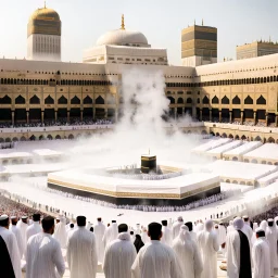 The scene in Mecca: People wearing white Ihram clothes, men without head coverings, women with veils, circumambulating around the Kaaba, and above them are transparent white spirits of children, men, and women with wings revolving around the Kaaba.