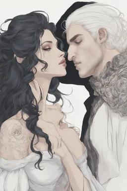 Strahd Von Zarovich, long black hair, being kissed on the mouth by a beautiful woman with white hair, wearing an off the shoulder dress. Settling and background are a lavish toomb with an ebony coffin.