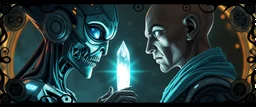 Close-up confrontation between an ancient alien outcast leader synth and a space broker, standing only a meter apart, intense eye contact, glowing crystalline rod between them, anger mixed with sadness, dramatic facial expressions, shallow depth of field, cinematic lighting, stylized 3D anime, airbrush painting, crisp outlines, escher , rembrandt , black swirly border with sacred geometry, characters drawn in front of border