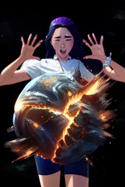 An image of a young Korean woman with a eyes closed expression happy, holding her hands up as if she is reacting to a catastrophic event in front of her. Film, cinematic, realistic, extreme depth of field, She is wearing a white blouse with detail, blue shorts, and sunglasses pushed up onto her head. In front of her, there is a highly detailed planet resembling Earth, dramatically cracking and breaking apart with fiery explosions and molten lava visible at the fractures.