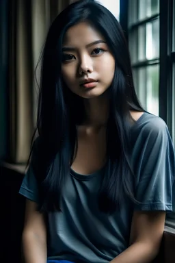 A Beautiful Indonesian girl who just woke up in a modern apartment || Noirette, long black hair, perfect body frame, large bust, toned thighs, emphasized hips, slim waist, hourglass body shape, Russian ethnicity, blue eyes, pale skin, full lips, long Eyelashes, she is sexy || She is wearing a large oversized t shirt || She looking over her shoulder towards the camera || It's a cold winter's morning, the windows are covered in frost and condensation || 4K, UHD, Hyper Realistic, Intricate Details,