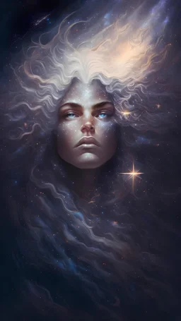 A beautifully-rendered portrait of a powerful, celestial figure, with flowing, star-studded hair and eyes that contain entire galaxies, set against a cosmic backdrop.