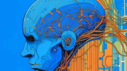 A digital serigraphy by Moebius and Myazaki of a digital brain working. Colors are blue and orange.