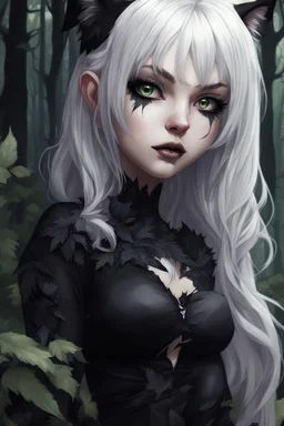 CAT GIRL, goth, forest, nature, cartoon, leaves, boobs, portrait, colour image, white hair