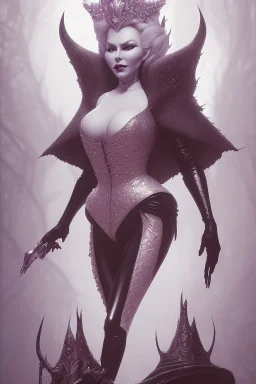 Mae West as evil queen in black leather, leather, busty, cleavage, angry, stern look. character design by cory loftis, fenghua zhong, ryohei hase, ismail inceoglu and ruan jia. unreal engine 5, artistic lighting, highly detailed, photorealistic, fantasy