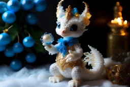 A New Year's mood, in fluffy snow-white knitted openwork mittens they hold a cute Little dragon in a New Year's costume. in his paws he holds a gift made of transparent epoxy resin, delicate blue and gold snowflakes fly inside, sparks, bright light from behind the heart in the middle, splashes of glass, mercury, texture of fluffy mesa, sequins, glitter, close-up, delicate pastel shades, drawing details, depth of field, rainbow background, 128K