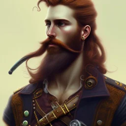 portrait of a rugged steampunk pirate, 3 0 years old, male, handsome, masculine, red hair, long hair, long beard, soft hair, fantasy, intricate, elegant, highly detailed, steampunk, airship, digital painting, artstation, concept art, character art, smooth, sharp focus, illustration, art by artgerm and greg rutkowski and alphonse mucha