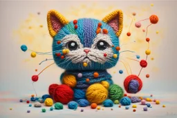 cute chibi knitted cat in colourful, soft cotton yarn balls in sunshine Weight:1 surrealism Salvador Dali matte background melting oil on canvas Weight:0.9