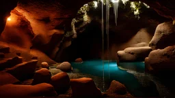 underground cave with crystals, and a stream running down the side