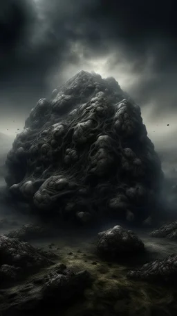 ,surrealism of the dark of a nightmare ten miles high and six foot deep, hyper photorealistic, hyper detailed dark art color, high resolution, fog, octane render, tilt shift, HDRI Environment, all pictures dark gray, a cigar shape stone hovering in the sky