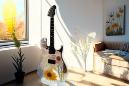 A lovely clear transparent resin guitar with wildflower design in a modern room in sunshine