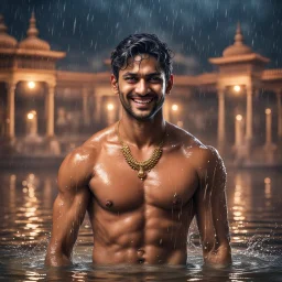 Hyper Realistic handsome Young shirtless muscular short hair Indian king with wet chest smiling & bathing in a lake outside traditionally beautiful Indian palace at heavy rainy night