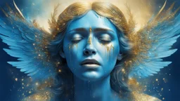 beautiful crying woman angel, double exposure in fantasy style, blue, gold, sparkles, fine rendering, bright colors, photorealism, 3D, with acrylic elements