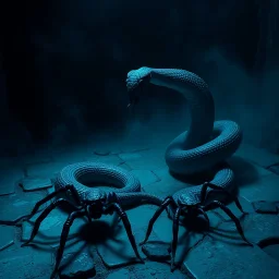 Serpent of the summoning floor ritualistic spiders particularly bold, saturated hues like gray and deep blues, often juxtaposed with dark, atmospheric settings.