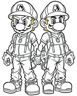 outline art for Waluigi and Mario coloring page, Japanese manga style, cartoon style, cute face, white background sketch style, full body is a must, only use outline, clean line art, no shadow, bold outline