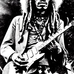 WOODSTOCK, hippie JIMI HENDRIX Santa playing electric guitar, psychedelic, peace sign, MUSHROOMS, TRIPPY, ACID, LSD, dreadlocks