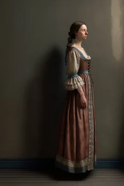 woman with 1700 dress leaning against the wall, realistic style, full figure frontal view