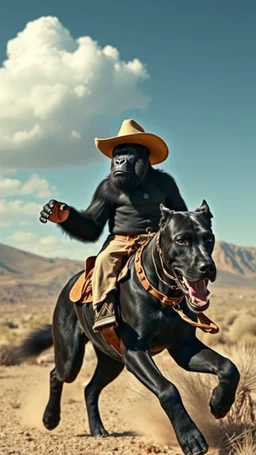 A gorilla with cowboy hat riding on a Great Dane black dog running in the desert , a cloudy wether in the background