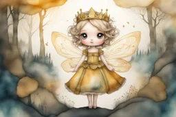 double exposure, merged layers, golden patina, corrosion, topographic lines, needle felt mohair cute chibi fairy princess, fairy village, watercolor and charcoal S<AI in sunshine